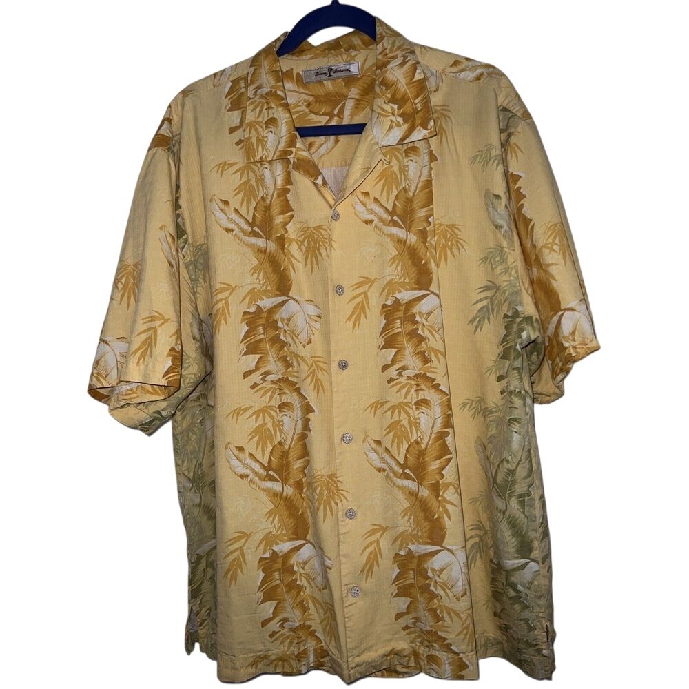 Tommy Bahama Hawaiian Yellow Shirt‎ Silk Men XL Short Sleeve Floral